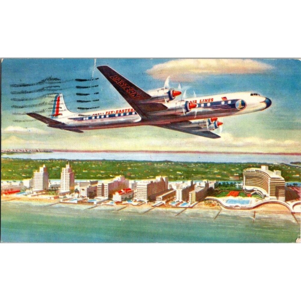 Vintage 1950s EASTERN AIR LINES Advertising Postcard Golden Falcon DC-7B Florida